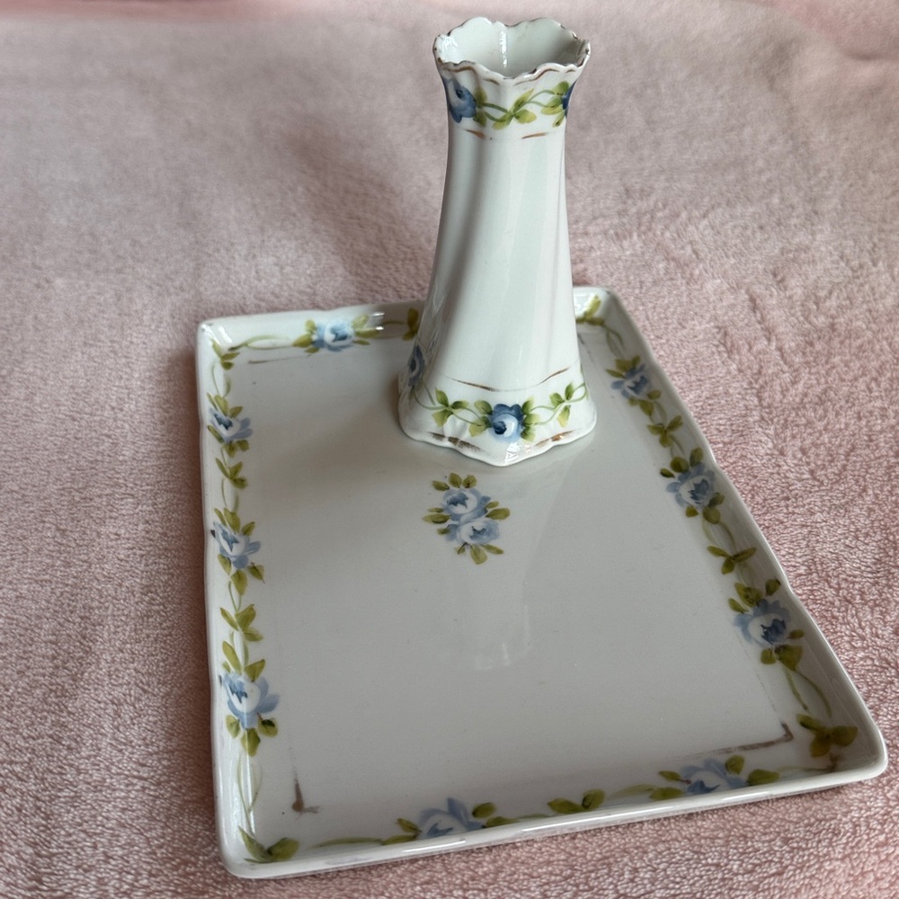Vintage Nippon Hand Painted Porcelain Floral Dresser Tray & Hat Pin/Vase Set